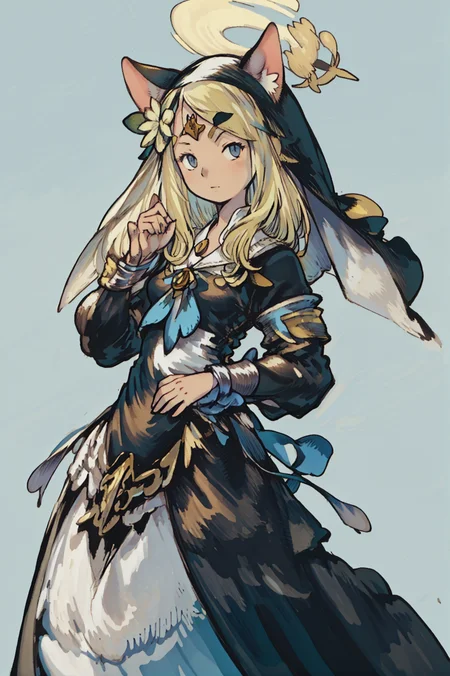 (Yoshida_Akihiko_PonyXL_style_v02.10.01:1.0), solo, 1girl, (chibi:0.7), blue background, halo, mari iochi, long hair, blue eyes, animal ears, orange hair, halo, yellow halo, braid, single braid, animal ear headwear, armband, blue neckerchief, bow, collarbone, flower, frilled sleeves, frills, habit, hair flower, hair ornament, long skirt, long sleeves, neckerchief, nun, puffy long sleeves, puffy sleeves, sailor collar, skirt, (Bravely Default Style), yoshida akihiko, blue eyes, yellow halo, <lora:pony\char\game\ba\mari-iochi-ponyxl-lora-nochekaiser.safetensors>, <lora:pony\style\Yoshida_Akihiko_PonyXL_style_v02.10.01.safetensors>, <lora:styles\yoshida_akihiko_offset.safetensors>, <lora:styles\BravelyDefault.safetensors>, <checkpoint:[Pony] duchaitenPonyXLNo_v35.safetensors>, <checkpoint:[SD15] tfmCutesyAnime2_genesis.safetensors>