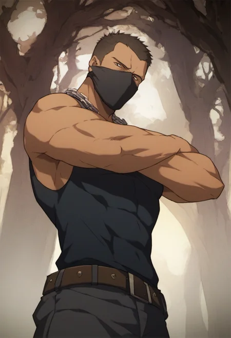 1boy, Criminal, buzz hair, black mask, chain necklace, black_hair, score_8_up, score_7_up, score_6_up, score_9_up, stand at forest, fantasy, tight black tanktop, (manly),face_focus, middle-age man, muscular, centered,looking at viewer, arms,  detailed eyes, 8k uhd, high quality,