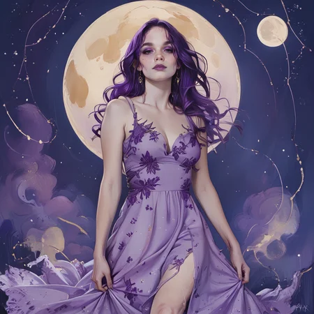score_9, score_8_up, score_7_up, Purple Woman, (((Heavy Night Dress))), Abstract background, <lora:ArsMJStylePony_Light:0.8>