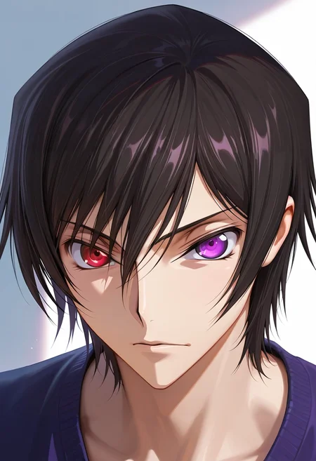 masterpiece, best quality, , semi-realistic, , 1boy, solo, male focus, <lora:lelouch_lamperouge_ilxl:0.96>, lelouch_lamperouge, black hair, purple eyes, hair between eyes, bangs, short hair, heterochromia, red eyes, , ,