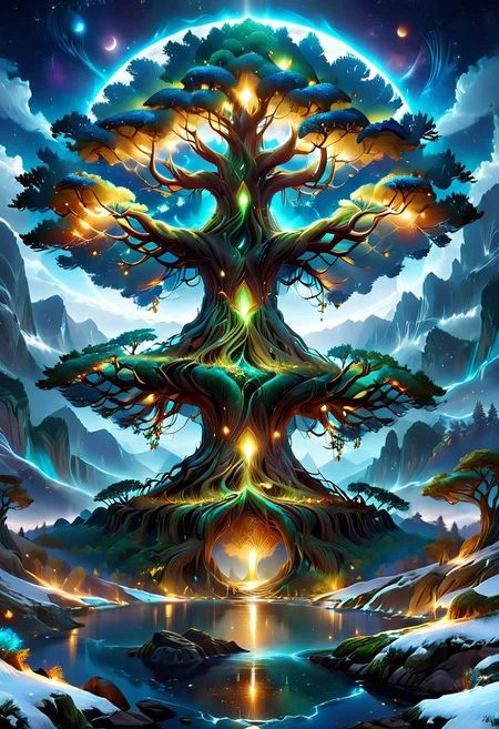 A captivating night scene illustration Yggdrasil tall on a large snowy mountain overlooking a lake. lthndrtrl, Yggdrasil, emits a warm glow, highlighting its incredible magic and grandness. The snowy hill is covered in great pine trees, reflecting on the calm, moonlit snow that mirrors the silvery moonlight. The full moon graces the sky, casting an ethereal glow on the clouds and mountain, while wispy clouds partially obscure its brilliance, adding to the scene's mystique. Twinkling stars dot the sky, creating a celestial tapestry that harmonizes with the moon's radiance. This enchanting artwork captures a serene and peaceful night, where the illuminated Yggdrasil stands resolute amidst the celestial beauty, creating a cinematic experience., illustration, cinematic, lthndrtrl, Yggdrasil
<lora:DonM3t3rn1tyXL-v1.1:0.7>, DonM3t3rn1tyXL,
OverallDetailXL <lora:MJ52:0.3> <lora:SDXLFaeTastic2400:0.4> <lora:EpicF4nta5yXL:0.7>