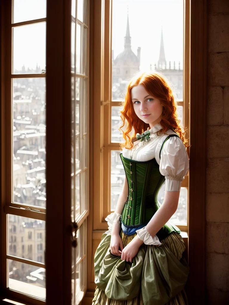 Style-Empire, A beautiful girl (1girl:1.3), (solo:1.3), standing at a palace bay window, facing viewer, by Antoine Blanchard, by Casey Baugh, (30-year-old woman:1.6), (sexy smile:0.8), (sexy:1.6), (sexy small eyes:1.6), (freckles:0.8), pale, auburn hair, green eyes, intricate (Victorian princess corset dress:1.3), sunny (backlighting:1.3), (bloom:0.8), light shafts, (light sparkles:0.8), (lens flare:0.9), victorian city outside