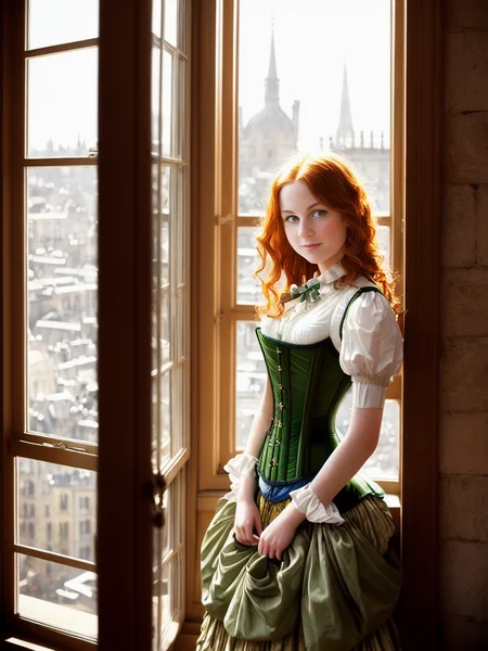 Style-Empire, A beautiful girl (1girl:1.3), (solo:1.3), standing at a palace bay window, facing viewer, by Antoine Blanchard, by Casey Baugh, (30-year-old woman:1.6), (sexy smile:0.8), (sexy:1.6), (sexy small eyes:1.6), (freckles:0.8), pale, auburn hair, green eyes, intricate (Victorian princess corset dress:1.3), sunny (backlighting:1.3), (bloom:0.8), light shafts, (light sparkles:0.8), (lens flare:0.9), victorian city outside