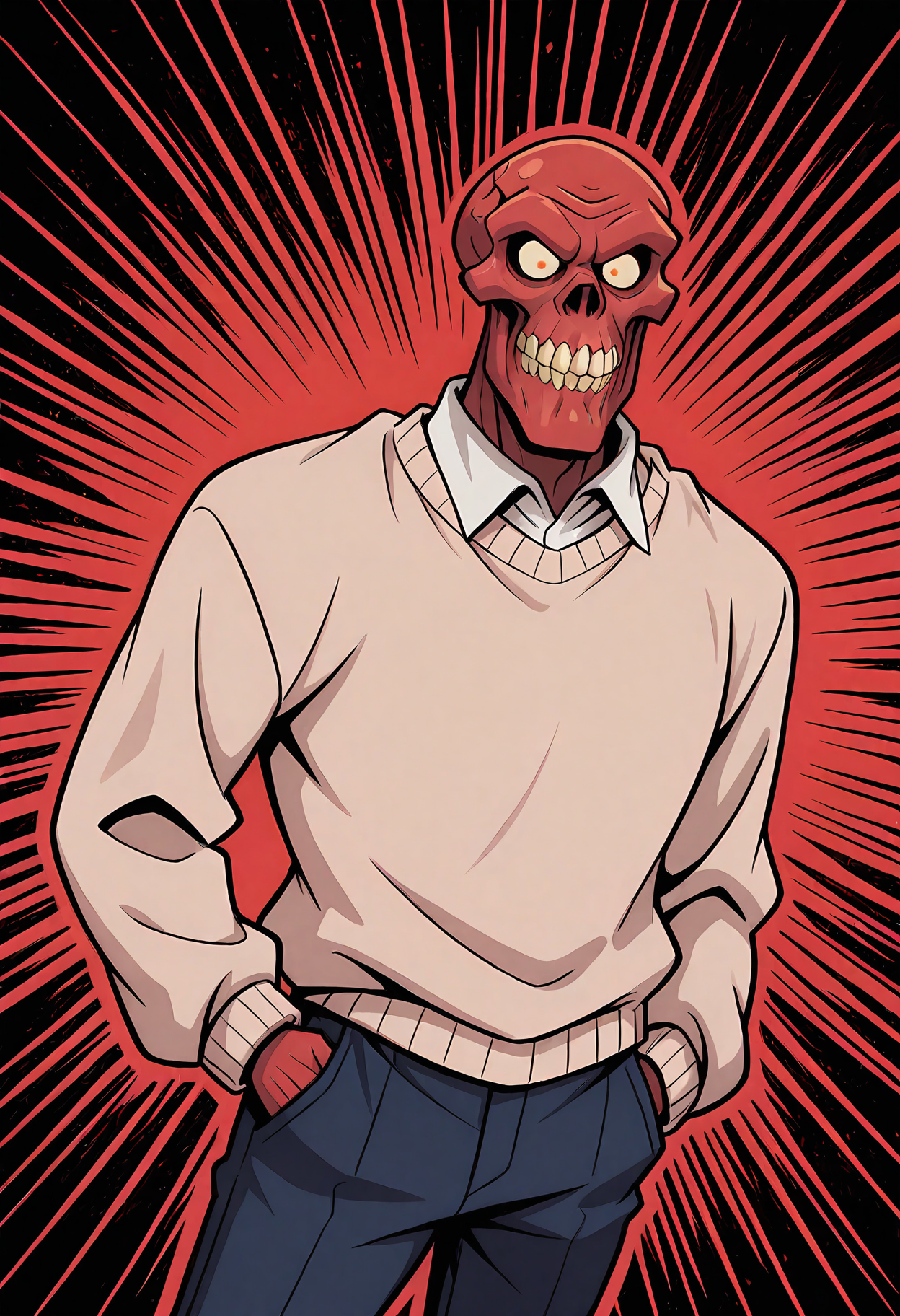 masterpiece, best quality, amazing quality, dutch angle, dynamic angle, abstract background, BREAK
solo, male, vb_reddeath, red body, skull head, teeth, white sclera, tan sweater, white collar, blue pants, BREAK
 <lora:cfg_scale_boost:.5> <lora:Red_Death_-_The_Venture_Brothers_-_ILXL:1>