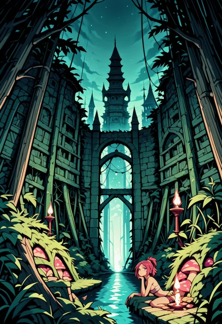 vip quality woman, sulking, ;c, bowl cut, burgundy hair, headband, loose hair strand, fair skin, diadem, eye bags, prisoner outfit, hair scrunchie, star hat ornament, elastic glitter belt,flip-flops, dynamic pose, station, scientific complex, towers, ruins, moss, grass, mist, jungle, roots, vegetation, mountains, cityscape, stream, between two mountains, asian temple, giant clover, giant mushrooms,speed lines, motion lines, burnt sienna and green theme, vivid sky blue and vivid purple highlights, (soft ambient light:1.2), candelight, flickering candle, cozy space, book focus, quiet corner, warm glow, diffused lighting, masterpiece, best quality, highres, newest, year 2024, absurdres