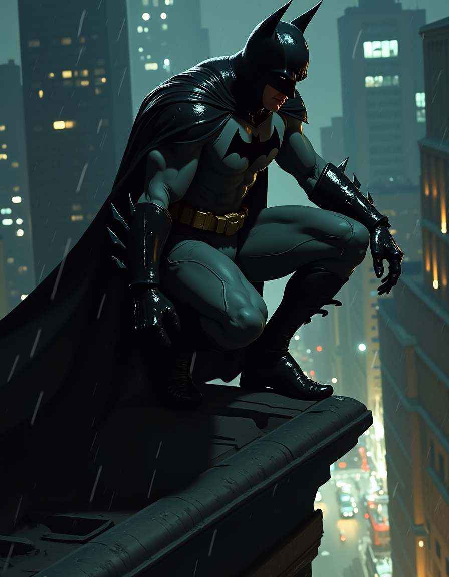 A superhero photograph capturing Batman perched on the edge of a rooftop during a rainy night. The image is shot in stunning ultra-high definition with an absurd resolution of 64000 x 32000 pixels, resulting in highly detailed textures and intricate details. The composition style utilizes leading lines created by the city's architecture to guide the viewer's eye towards Batman, who is poised on a gargoyle with his cowl glowing in the low light conditions.