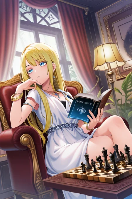 masterpiece, best quality, amazing quality,
<lora:Neo_IL:1> neo, 1girl, blonde hair, book, solo, jewelry, blue eyes, earrings, sitting, bracelet, long hair, dress, lamp, holding, indoors, plant, holding book, board game, chess piece, reading, chair, bangs, white dress, window, crossed legs, curtains