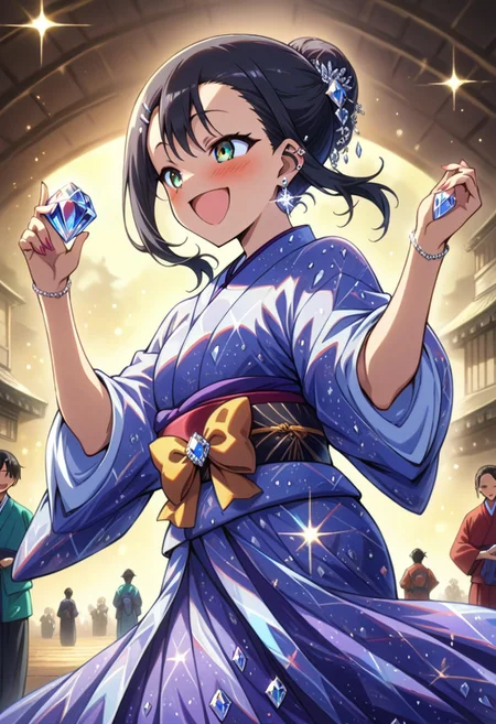 (masterpiece,best quality:1.5), high quality details,, amazing quality, newest, scenery, volumetric lighting
shiny skin, utatane hiroyuki, BREAK, diamond in hands, diamond earings,
1girl, nagatoro hayase
japanese kimono, colorful kimono,
, smile, happy, dancing,
jewel
diamondMW, countless diamonds,