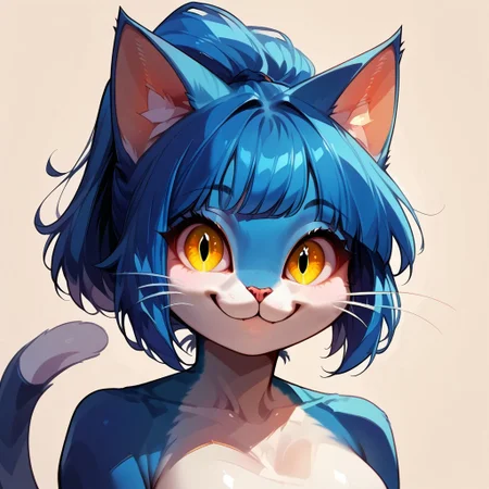 Audr3yC4t, blue anthro cat, portrait, looking at viewer, smiling, hair tied back