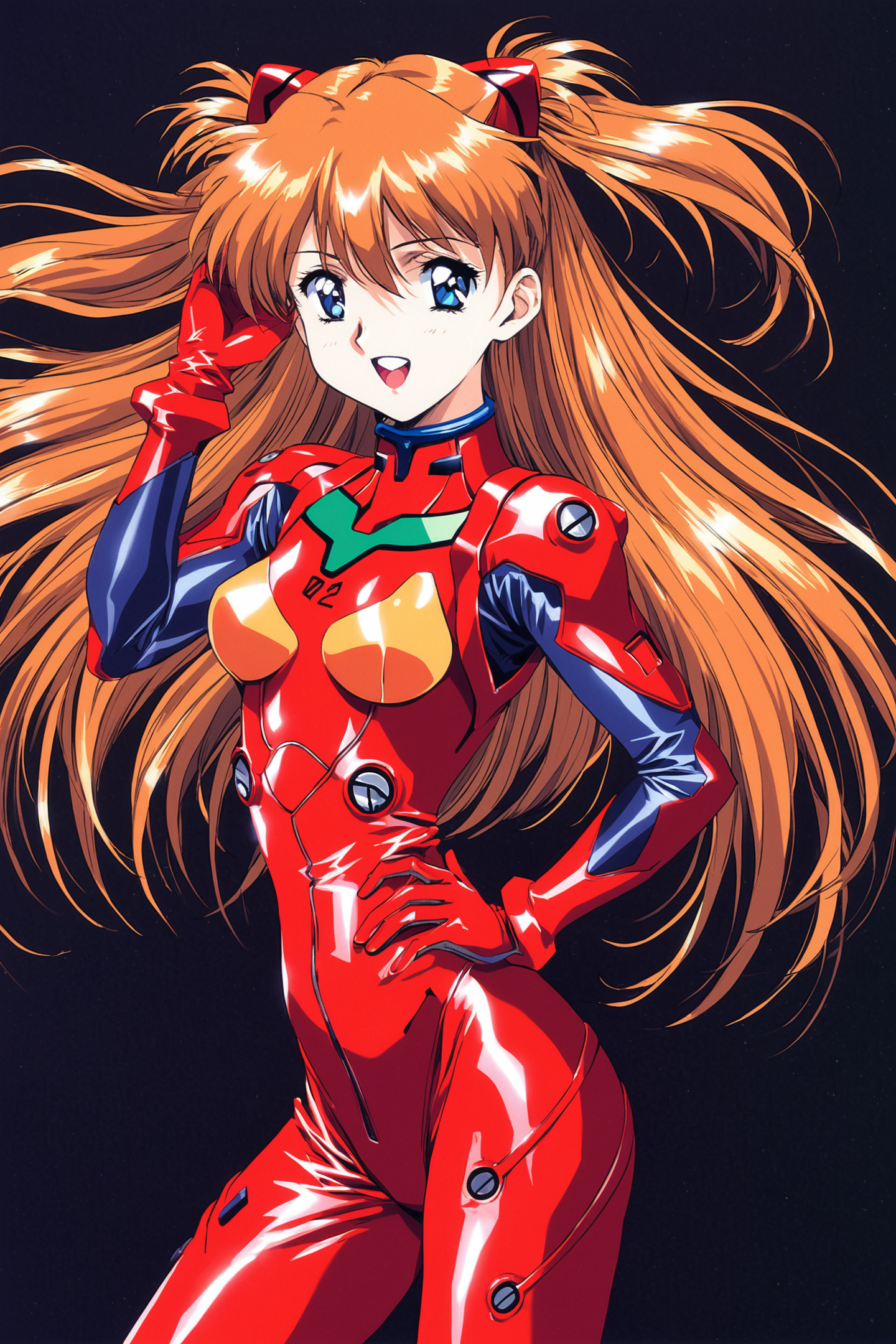 1girl,long hair,plugsuit,bodysuit,souryuu asuka langley,pilot suit,bracer,blue eyes,smile,open mouth,breasts,bangs,turtleneck,solo,cowboy shot,:d,hair between eyes,gloves,red bodysuit,small breasts,looking at viewer,headgear,two side up,hand on hip,skinny,adjusting hair,narrow waist,standing,orange hair,science fiction,hand up,shiny clothes,hair ornament,happy,from side,shiny,skin tight,simple background,black background,,1990s \(style\),retro artstyle,<lora:Koh Kawarajima_XL:0.8>,
