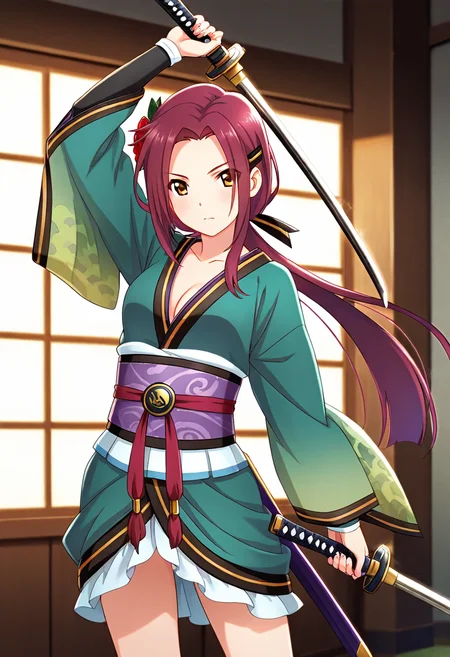 <lora:ruka_IXL-06:0.7> 1girl,tachiarairuka,red hair,hairclip,red hair flower,rukadefaultoutfit,japanese clothes, cowboy shot,dual wielding katana
,best quality,masterpiece