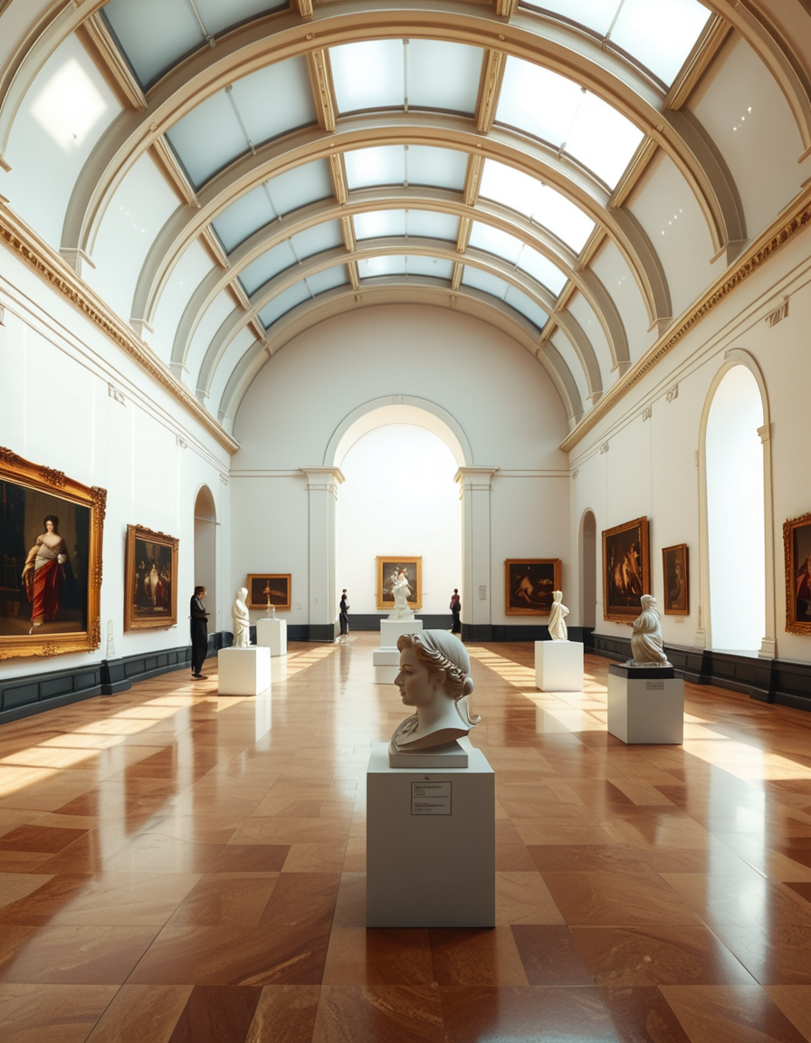 A high-resolution photograph of the interior of a grand art museum, featuring vast halls with high ceilings, intricate architectural details, and polished marble floors. The museum is illuminated by soft, natural light filtering through large arched windows, casting gentle shadows on the walls adorned with classical and modern paintings in ornate golden frames. In the center, a marble sculpture stands on a pedestal, surrounded by velvet ropes. Visitors walk around, some admiring the artwork, others engaged in quiet discussions. The atmosphere is serene and intellectual, with a warm color palette of beige, gold, and deep reds enhancing the elegance of the scene. The perspective is wide-angle, capturing the depth and scale of the museum, evoking a sense of awe and admiration.
<lora:SDXLFaeTastic2400:0.4> <lora:extremely_detailed:0.4> extremely detailed, <lora:art_mus3um:1>,art mus3um, Masterpiece,best quality,hi res,8k,hi res,8k,award winning,(sharp focus, intricate, highly detailed),