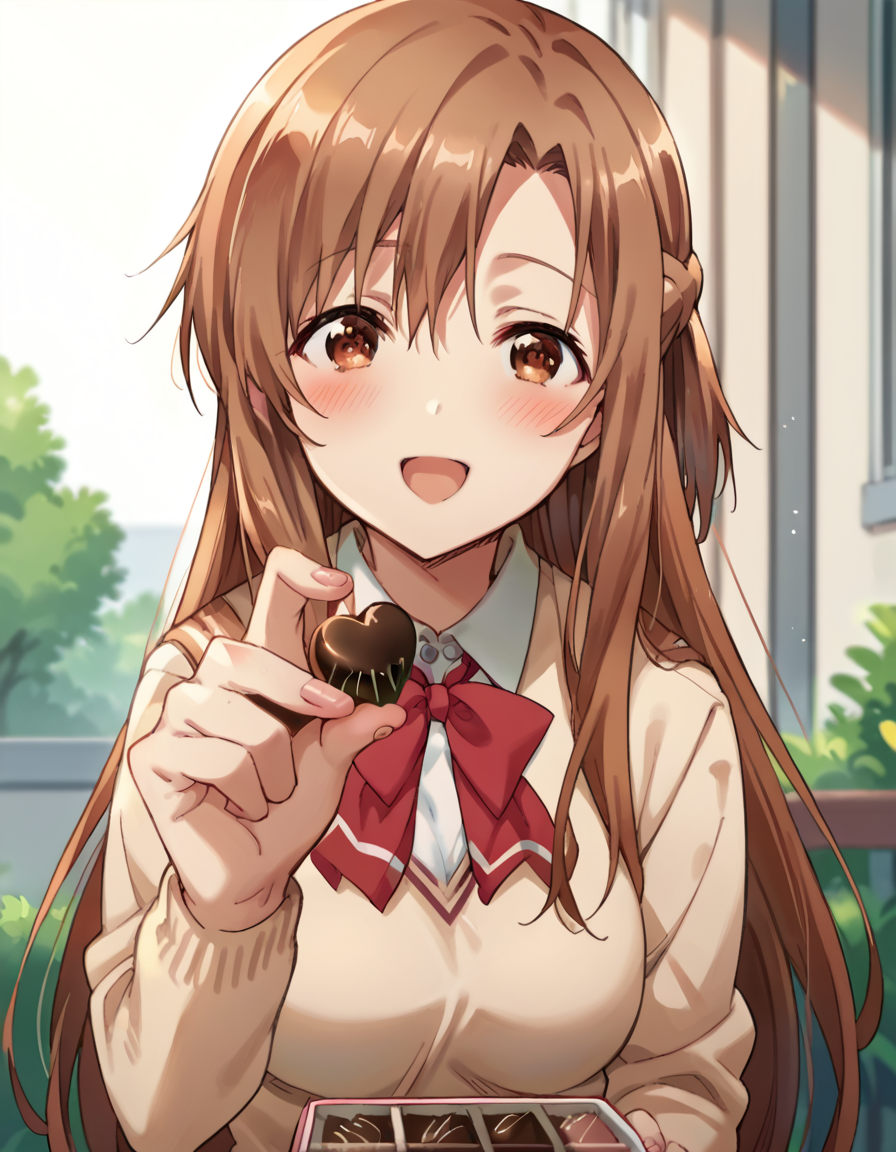 score_9, score_8_up, score_7_up, source_anime, asunayuuki, <lora:asuna-yuuki-s1-ponyxl-lora-nochekaiser:1>, asuna yuuki, long hair, brown hair, brown eyes, medium breasts,, <lora:incoming-chocolate-ponyxl-lora-nochekaiser:1> incoming food, chocolate, holding, holding chocolate, holding food, food, looking at viewer, open mouth, blush, smile, school uniform,, ,