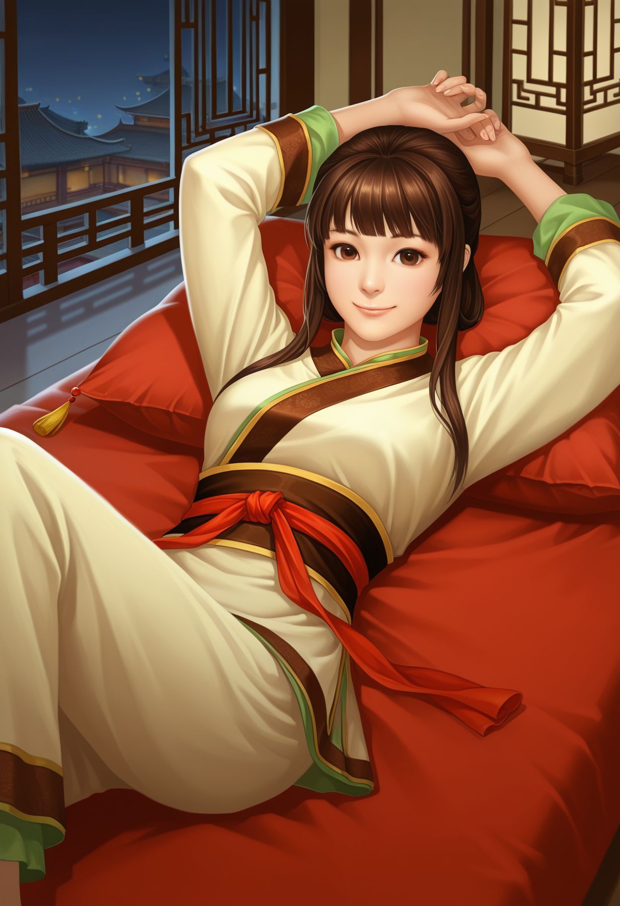 <lora:shuijing_(xuan_yuan_sword)_v1_IL-29:1.0> shuijing, solo, 1girl, long hair, brown hair, lying, on back, arms up, smile, brown eyes, looking at viewer, chinese clothes, sash, indoors, east asian architecture, pillow, night, source_anime, realistic,