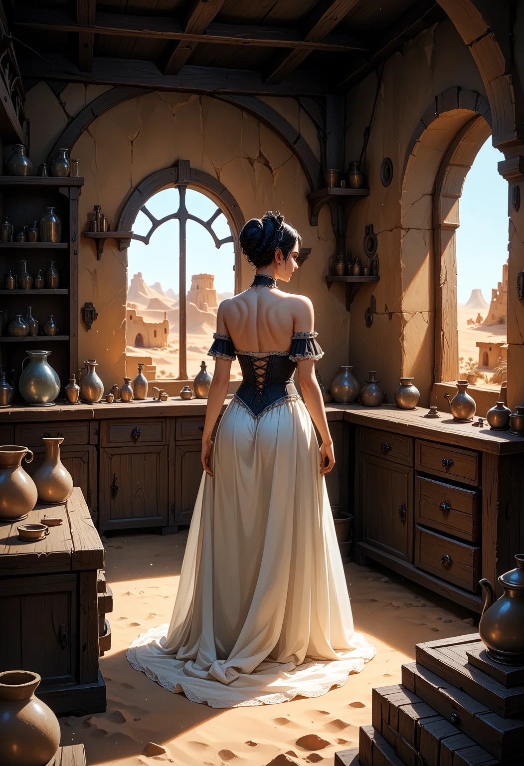 score_9, score_8_up, score_7_up, 1girl, highly detailed, alexstraza, world_of_warcraft, from behind, curled up, dramatic light, wild west, cowboys, desert town, indoors, 2d, 4lch3my_l4b.safetensors, <lora:4lch3my_l4b.safetensors:1.0>