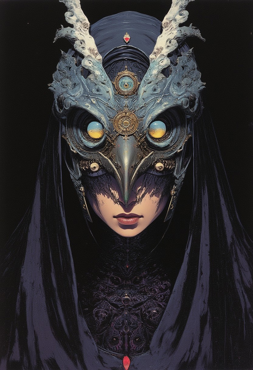Styled by Katsuhiro Otomo,  Exquisite (mystic) lady as cultist of (Tzeentch:1.2), corrupted, (eyes of terror:1.4), eyes with (teeth), decorated with (living eyes), intricate back opened helmet (bird face mask) made of (beak:1.4), warhammer 40k, face (hidden) behind mask, runes, ((Synthwave)) , abstract lines , (minimalism 1), ray tracing details in the style of Stephen Gammell.