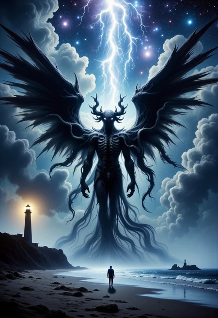 rising of the ocean on a dark night a giant human body walking towards the sailor with kraken head with a lot of kraken giant tentacles coming out of your head, extra large dark wings, cthulhu, shadow. a diagonal flash of a lightning bolt tearing the scene, a sailor figure, almost tiny in size is standing still on the edge of the beach looking at the ocean. in the left corner of the scene is a lighthouse with a yellow light focused on the ocean reflecting in the water on an island in the ocean. on the sky a arm of he vialact, In the night sky a galaxy full of stars, dark atmosphere. terror and horror feeling.