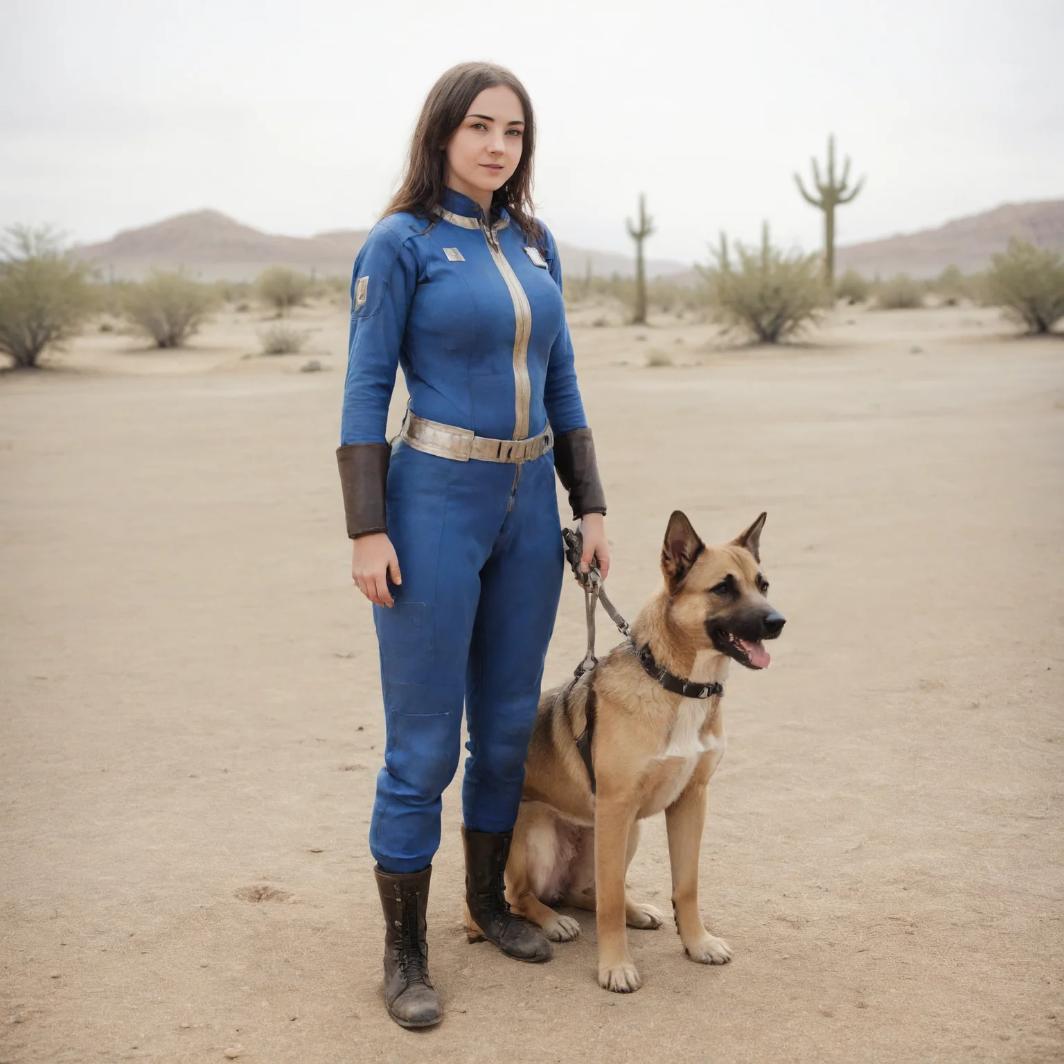 A full body photograph of a beautiful 20 year old girl wearing a Vault Suit with a dog in a desert wasteland <lora:Fallout_Vault_Suit-000008:0.6> <lora:Perfect Hands v2:0.75> Perfect Hands