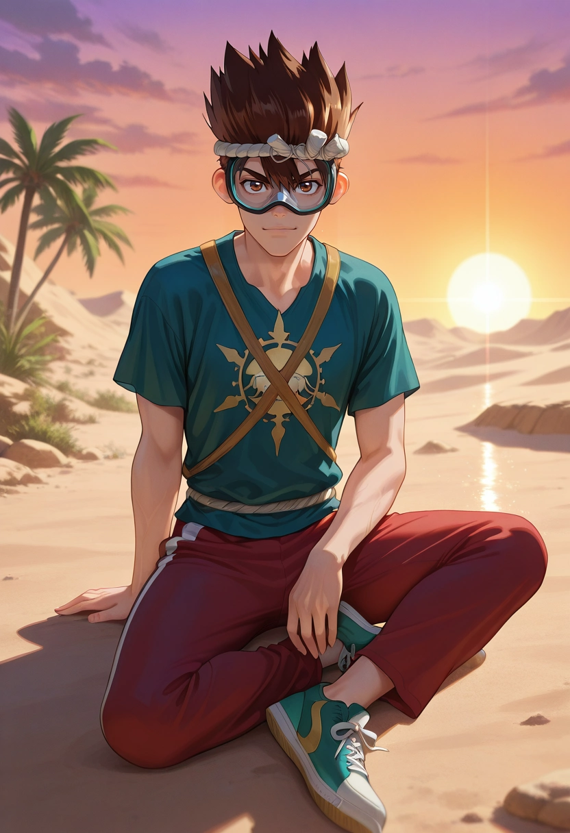 masterpiece, best quality, intricate details, (realistic:0.6), , 1boy, solo, male focus, <lora:chrome_dr_stone_ilxl:0.92>, chrome_dr_stone, brown hair, brown eyes, short hair, spiked hair, , desert lagoon, shimmering water, golden sands, palm shadows, lounging pose, relaxed expression, sunset glow, Track pants with side stripes, RoseGold Baseball henley, Sneakers, , andDiving Mask