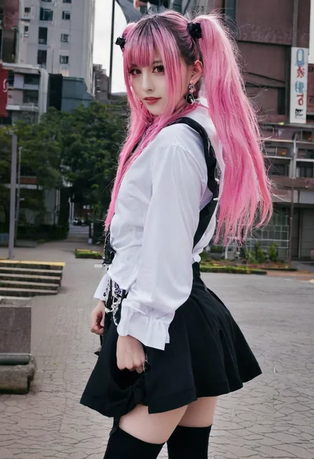 unsplash,r/palegirls,jirai kei, jiraikei face, a woman, solo, ring, pink hair, jewelry, thighhighs, skirt, long hair, black thighhighs, earrings, looking at viewer, outdoors, blurry background, twintails, shirt, over-kneehighs, bangs, blurry, long sleeves, white shirt, photo background,city,night, dark,street,sign.
<lora:jirai kei-SDXL-V1:0.7>