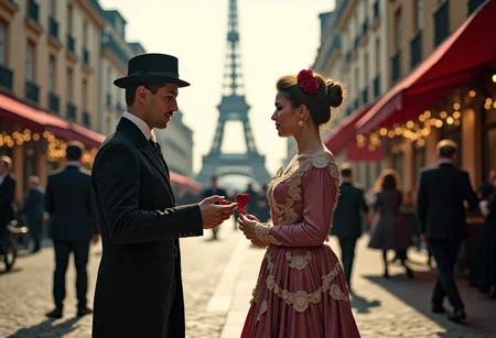 A Parisian street scene from the 1800s, where a gentleman hands a lace-edged Valentine to a lady in a grand dress, as the Eiffel Tower peeks through the mist.