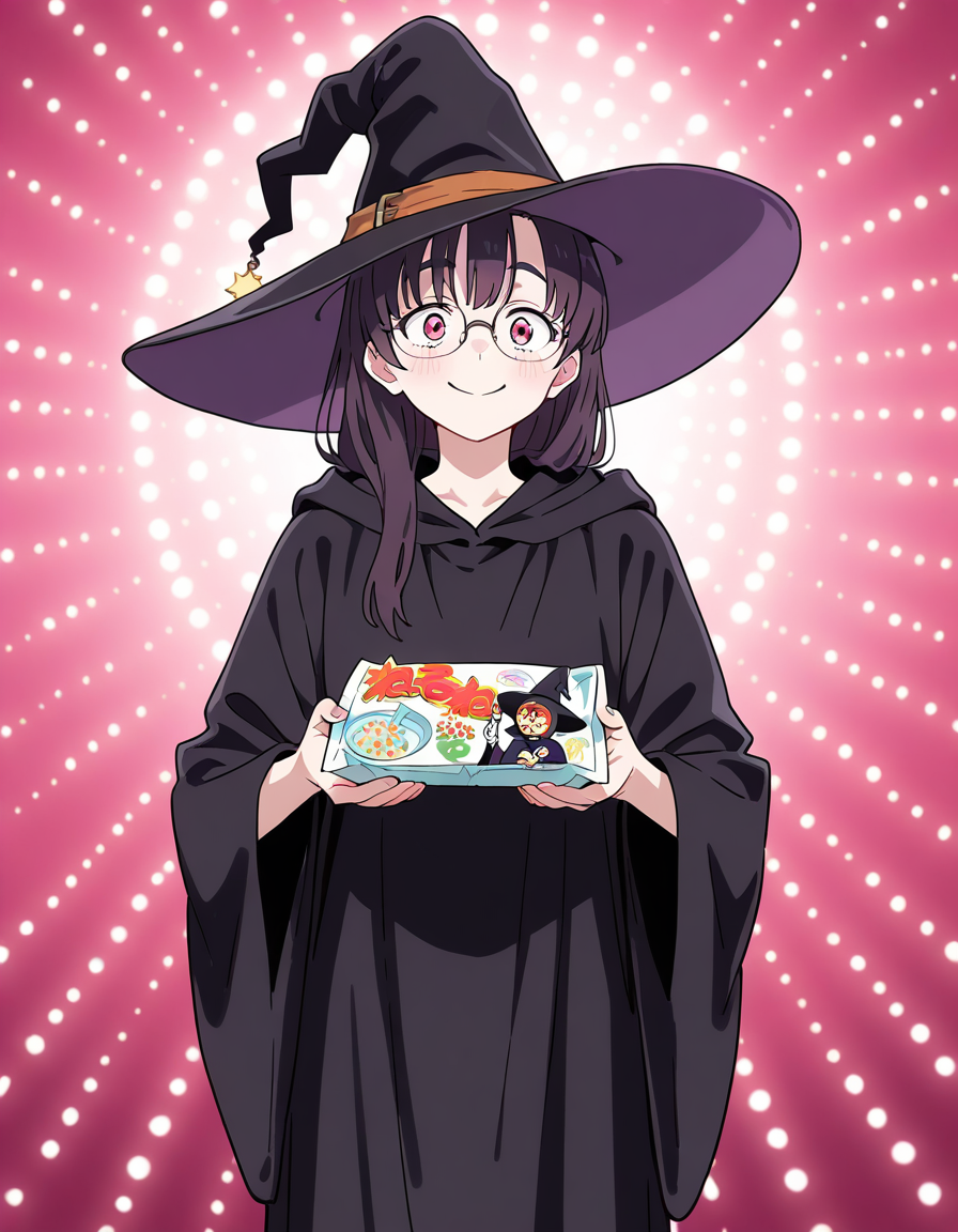 score_7_up, anime BREAK official art, solo, 1girl, one girl, 
<lora:nerunerunerune:1>, nerunerunerune, 
solo, glasses, witch hat, smile, parody, male focus, wizard, robe, radial light panel, 1girl, umai!, meme, holding package, 
(masterpiece:1.3), best quality, high resolution, unity 8k wallpaper, extremely detailed CG, 8K, (watercolor \(medium\), muted color, sketch:1.1), perfect anatomy, highly finished, masterpiece, best quality, high quality, amazing quality, great quality, very aesthetic, ultra detailed, highres, absurdres, highly detailed, highly detailed background,