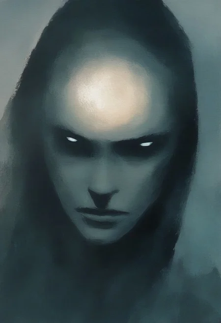 score_9, score_8_up, score_7_up, ((watercolor style)), masterpiece, ultimate detailed, extremely vibrant colours, Highly detailed, highly cinematic. It depicts Moon Knight (Marvel Comics) lurking in the darkness, with his white hood and glowing eyes. The background is black and he is covered in darkness with the silver moon. close-up. Adding depth to the composition. High resolution, high detail. Highly detailed. nvcmsdx