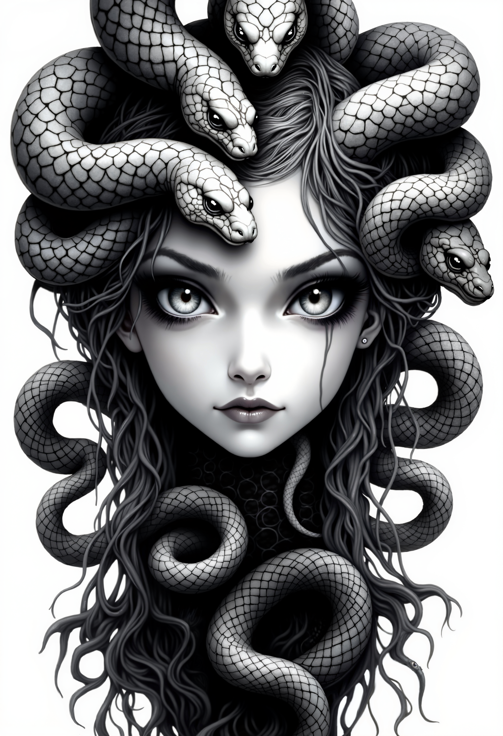 bo-snake, a oil paint on canvas of a world of mystical anime snake, dark fantasy, a highly detailed, hyper-realistic black-and-white illustration depicting a woman's face and upper body, the woman has a serene, almost ethereal expression, with large, expressive eyes that gaze directly at the viewer, her skin is smooth and smooth, with a slight sheen, indicating a high level of realism in the illustration, she has long, flowing hair that is intricately woven with multiple snakes coiled around her head, creating a serpent-like effect, the snakes are of varying sizes and colors, with some being lighter and others darker, adding a sense of depth and realism to the image, the background is plain and white, ensuring that the focus remains on the subject, the illustration is highly polished, with meticulous attention to texture and shading, giving it a realistic yet stylized appearance, the overall style is reminiscent of gothic or fantasy art, with an emphasis on surrealism and otherworldliness<lora:boFLUX Year of the Snake.safetensors:1.0:1.0>