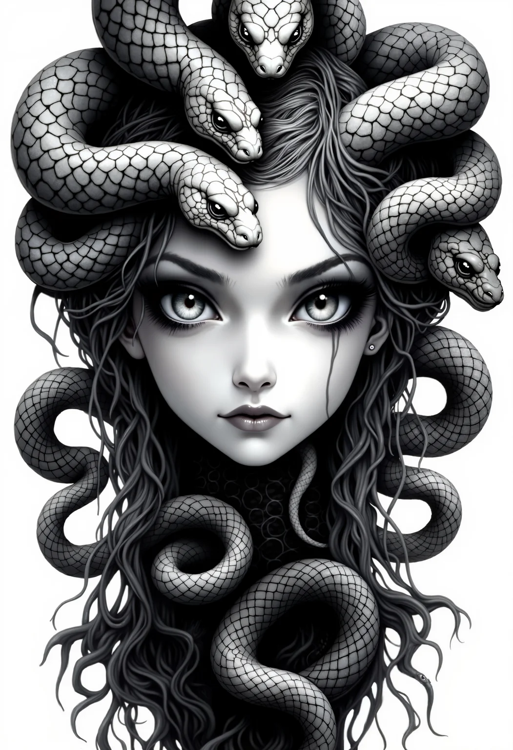 bo-snake, a oil paint on canvas of a world of mystical anime snake, dark fantasy, a highly detailed, hyper-realistic black-and-white illustration depicting a woman's face and upper body, the woman has a serene, almost ethereal expression, with large, expressive eyes that gaze directly at the viewer, her skin is smooth and smooth, with a slight sheen, indicating a high level of realism in the illustration, she has long, flowing hair that is intricately woven with multiple snakes coiled around her head, creating a serpent-like effect, the snakes are of varying sizes and colors, with some being lighter and others darker, adding a sense of depth and realism to the image, the background is plain and white, ensuring that the focus remains on the subject, the illustration is highly polished, with meticulous attention to texture and shading, giving it a realistic yet stylized appearance, the overall style is reminiscent of gothic or fantasy art, with an emphasis on surrealism and otherworldliness<lora:boFLUX Year of the Snake.safetensors:1.0:1.0>