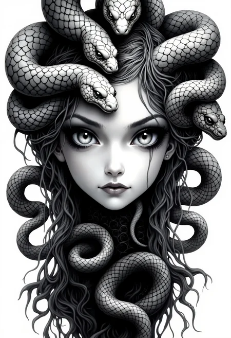 bo-snake, a oil paint on canvas of a world of mystical anime snake, dark fantasy, a highly detailed, hyper-realistic black-and-white illustration depicting a woman's face and upper body, the woman has a serene, almost ethereal expression, with large, expressive eyes that gaze directly at the viewer, her skin is smooth and smooth, with a slight sheen, indicating a high level of realism in the illustration, she has long, flowing hair that is intricately woven with multiple snakes coiled around her head, creating a serpent-like effect, the snakes are of varying sizes and colors, with some being lighter and others darker, adding a sense of depth and realism to the image, the background is plain and white, ensuring that the focus remains on the subject, the illustration is highly polished, with meticulous attention to texture and shading, giving it a realistic yet stylized appearance, the overall style is reminiscent of gothic or fantasy art, with an emphasis on surrealism and otherworldliness<lora:boFLUX Year of the Snake.safetensors:1.0:1.0>