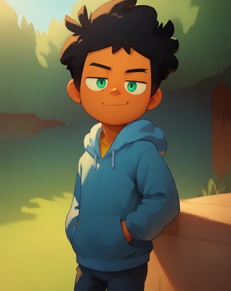 score_9, score_8_up, score_7_up, <lora:MaxCamp:0.8>, 1boy, solo, Max, black hair, green eyes, dark skin, blue hoodie, yellow undershirt, outdoors, smug, looking at viewer, <lora:cartoon_men_r1:0.8>