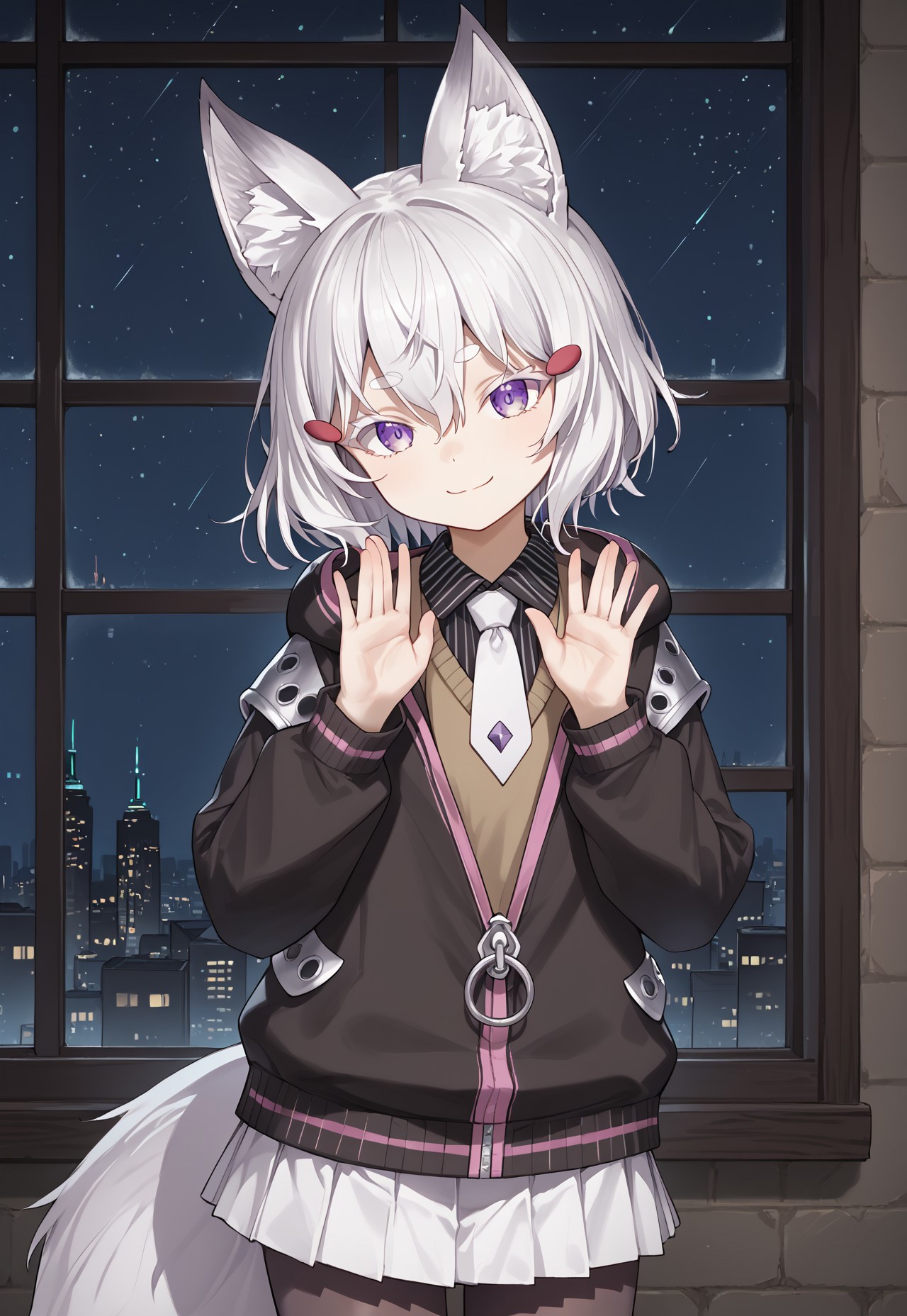 1girl, solo, solo focus, highres, absurdres, TenmaMaemi, hair ornament, white hair, fox ears, purple eyes, bangs, animal ear fluff, short hair, hairclip, hair between eyes, thick eyebrows, 

white necktie, black shirt, white skirt, long sleeves, black pantyhose, black jacket, collared shirt, pleated skirt, brown sweater, striped shirt, hooded jacket, miniskirt, fox tail, zipper, 

looking at viewer, light smile, closed mouth, head tilt, hands up, 

indoor, cityscape, neon lights, window, dark, night, night sky, light particles, backlighting, shade,