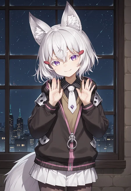 1girl, solo, solo focus, highres, absurdres, TenmaMaemi, hair ornament, white hair, fox ears, purple eyes, bangs, animal ear fluff, short hair, hairclip, hair between eyes, thick eyebrows, 

white necktie, black shirt, white skirt, long sleeves, black pantyhose, black jacket, collared shirt, pleated skirt, brown sweater, striped shirt, hooded jacket, miniskirt, fox tail, zipper, 

looking at viewer, light smile, closed mouth, head tilt, hands up, 

indoor, cityscape, neon lights, window, dark, night, night sky, light particles, backlighting, shade,