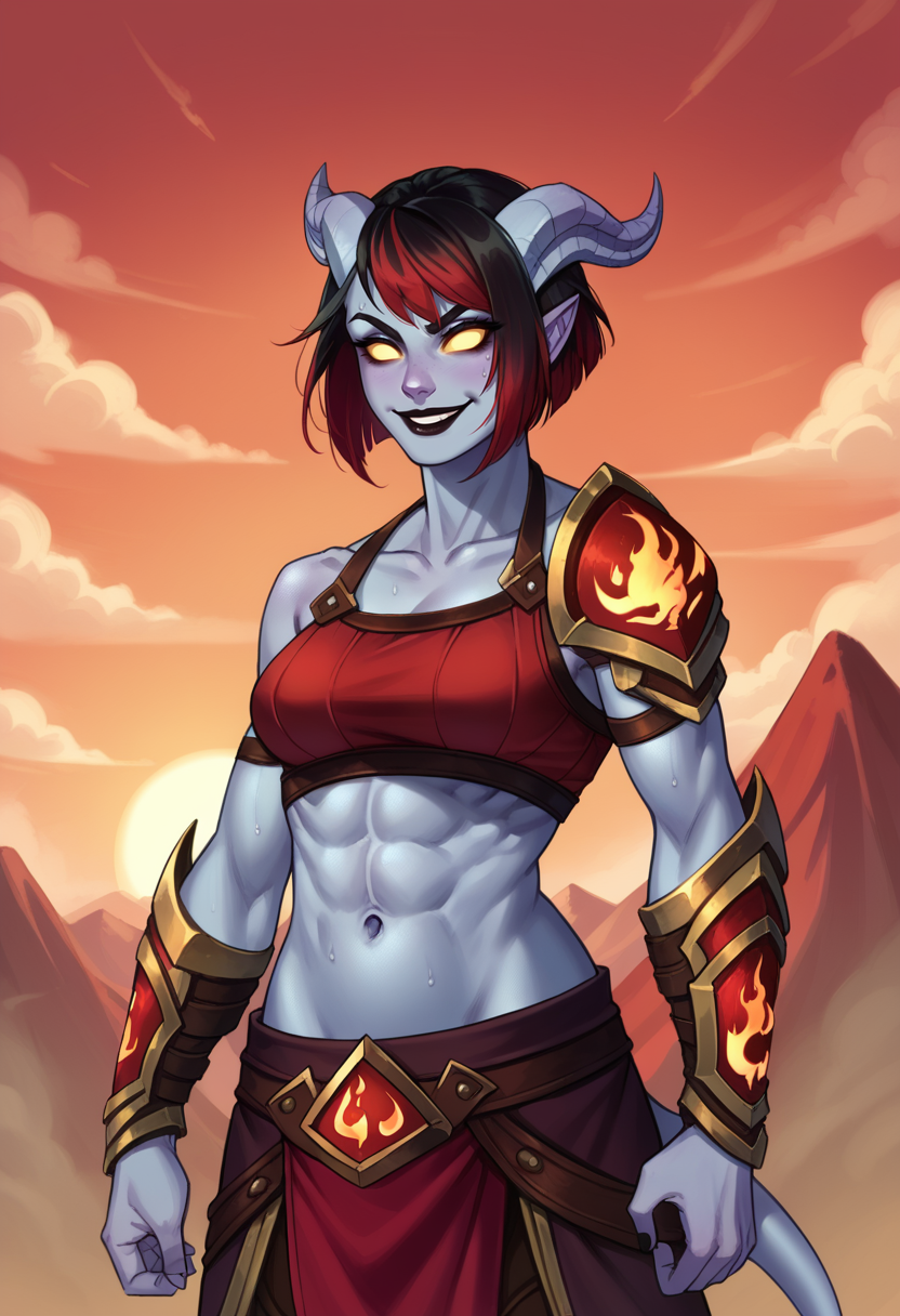 score_9, score_8_up, score_7_up, score_6_up, 1girl, solo, draenei, short hair, bob cut, black hair, red hair, two-toned hair, black lipstick, grey skin, yellow sclera, no pipils, evil smile, midriff armor, upper body, navel, athletic, abs, sweaty, hell background, red mountains, red sky, red sun, flames, blank eyes,
<lora:Krys_Decker_-_Artist_style:1> ss-krd_o