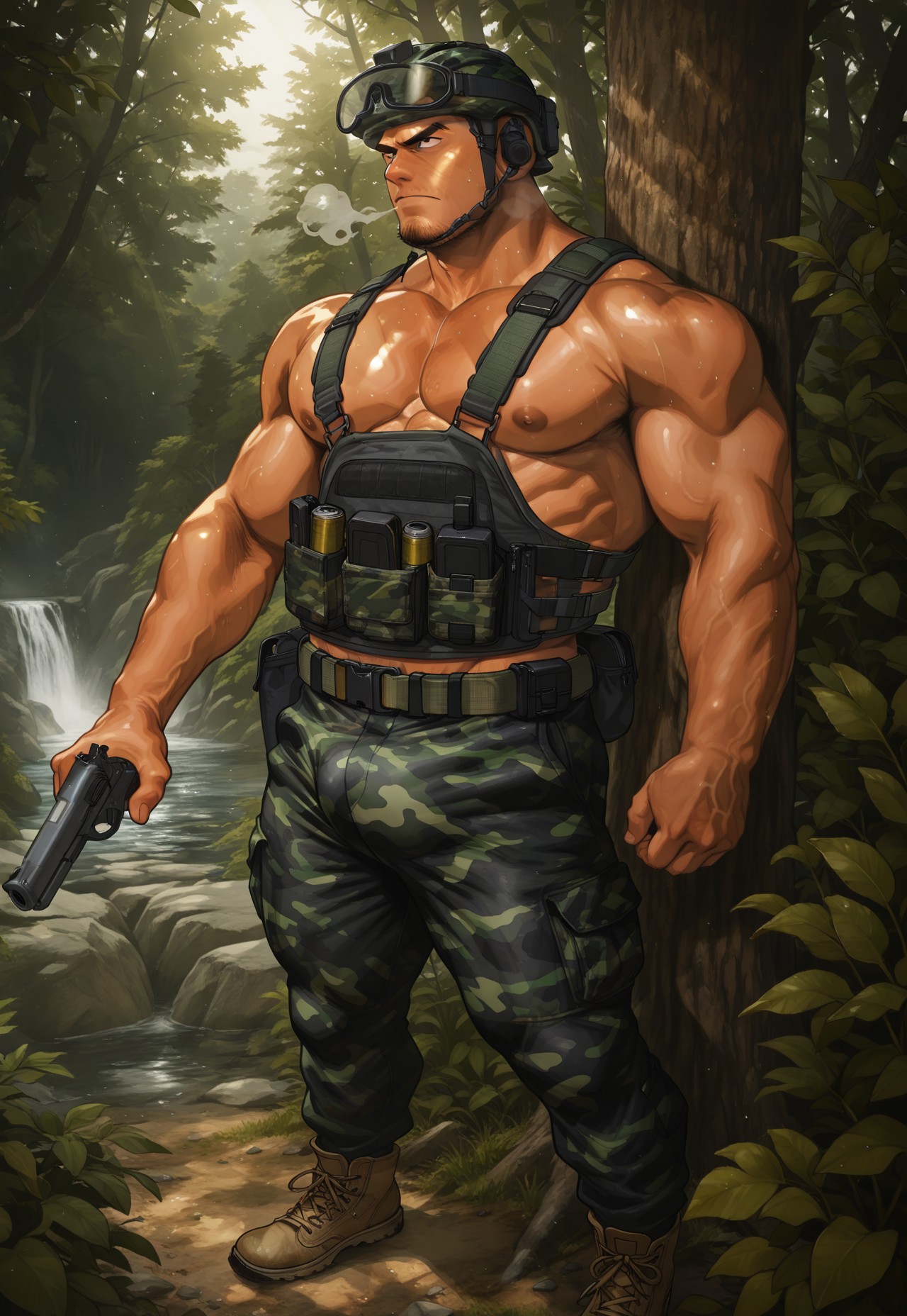 best quality,highres,anatomically correct,very aesthetic,uncensored,detailed background, detailed face,detailed eyes,volumetric lighting, clear sharp,hyper-detailed,bara,gay,masculine,
male focus,dutch angle,full body,
perspective
BREAK 
1boy,, black eyes,dark skin, shaved,shaved head,frowning, serious,annoyed, Camouflage weskit,muscles, black pants, Jungle, at night, holding a gun, looking around,Wearing a camouflage helmet,Wearing camouflage bulletproof vests,Back against the tree, look around, stand alert,steam, breath,  
muscular male,mature male,burly,tall, well defined body,athletic build,masculine face,broad jawline,massive pecs,board chest,big biceps,abs,thin waist,wide hips,thick thighs,realistic skin texture,skin fold,muscle vein,((,crotch foucs,detailed bulge,crotch bulge)),action pose