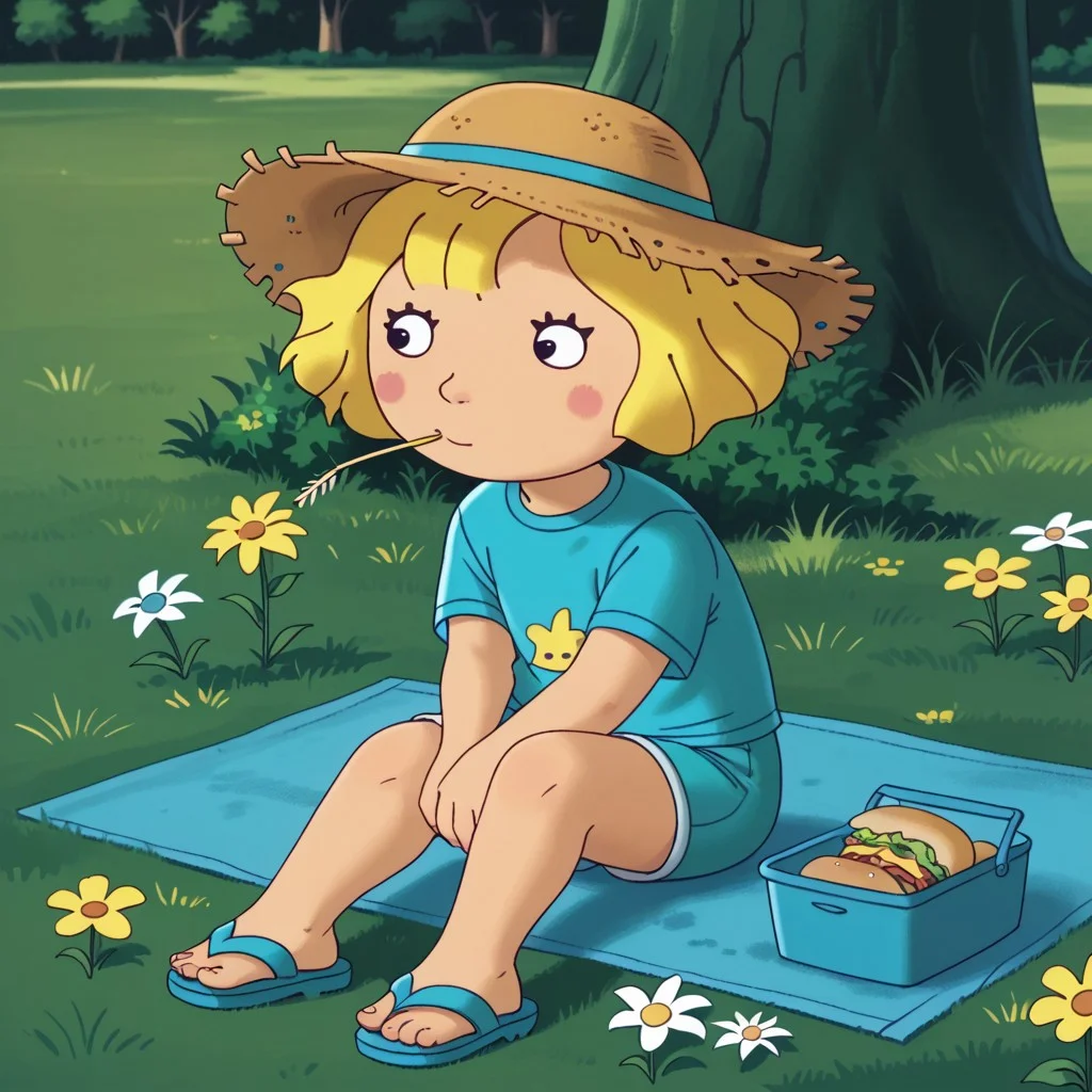 score_9, score_8, score_7, break, solo, female child, lucy_zl, 1girl, blonde hair, short hair, black eyes, blush stickers, straw hat, t-shirt, shorts, sandals, sitting, grass, picnic, sandwich, cute, flowers, tree