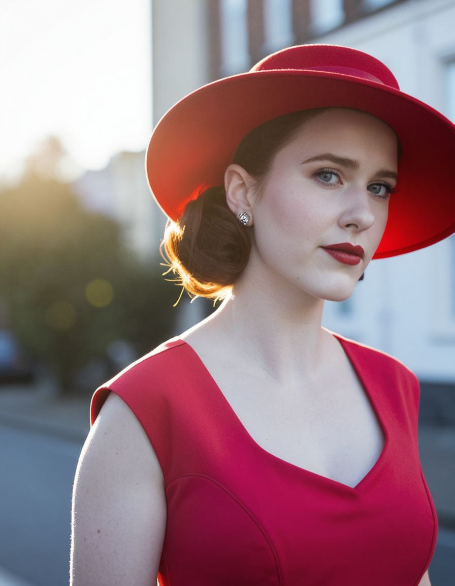 score_9, score_8_up, score_7_up, rachel brosnahan, vintage hair, 1950s, housewife dress, hat,  upper body shot, at the street,  Bokeh, Golden Hour, raw  <lora:rachel-brosnahan-bl16:1> <lora:dmd2_sdxl_4step_lora_fp16:1>