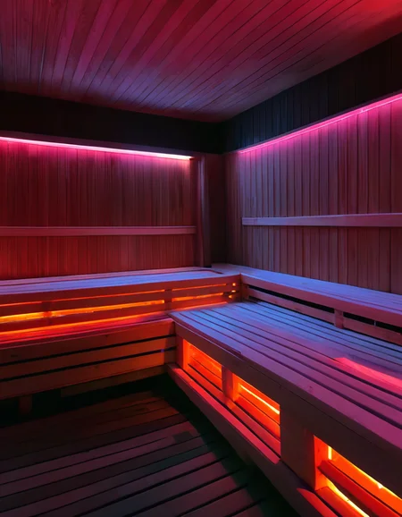 UHD, 8K, ultra detailed, highly realistic photo of gaybathhouse, interior, dark lighting, luminal lighting, neon red light, sauna room, (high resolution 8K photo quality:1.3)