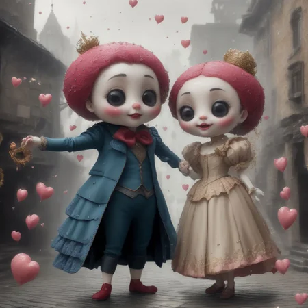 A bizarre, whimsical, surrealistic, humorous 3D layered paper, collage image of a cartoon-style couple with extremely exaggerated features, wearing ELIZABETHAN clothing, full of joy as they dance in the rain. Scattered hearts. Atmospheric. Fabric and foiled paper added for texture.