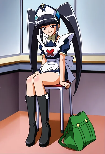 score_9_up, source_anime, paiway_underberg,maid outfit, full body. green bag. chair. sitting. smile. 1girl, solo, long hair, looking at viewer, black hair,  red eyes,  hat, twintails, very long hair, sidelocks, blunt bangs, apron,  half closed eyes. nurse cap,  nurse. black boots.