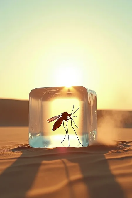 cinematic photo desert, pale yellow sand, wind picks up sand blowing across the desert in the foreground is an enormous ice cube, the ice cube (encloses:1) a small mosquito, the sun is low in the sky it shines through the ice cube, the ice cube is steaming slightly, 35mm photograph, film, professional, 4k, highly detailed