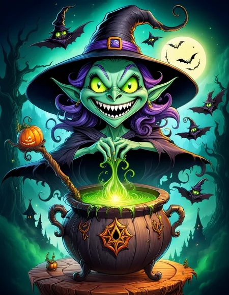 Monster in a box, high quality, masterpiece, anime, cartoon, witch in a cauldron shaped box design, big hooked nose, gentle eyes, happy smile, witches hut, elaborate fantasy style art, intricate details, ultra sharp, backlit, exquisite detail <lora:Monster_in_a_Box_SDXL:1>