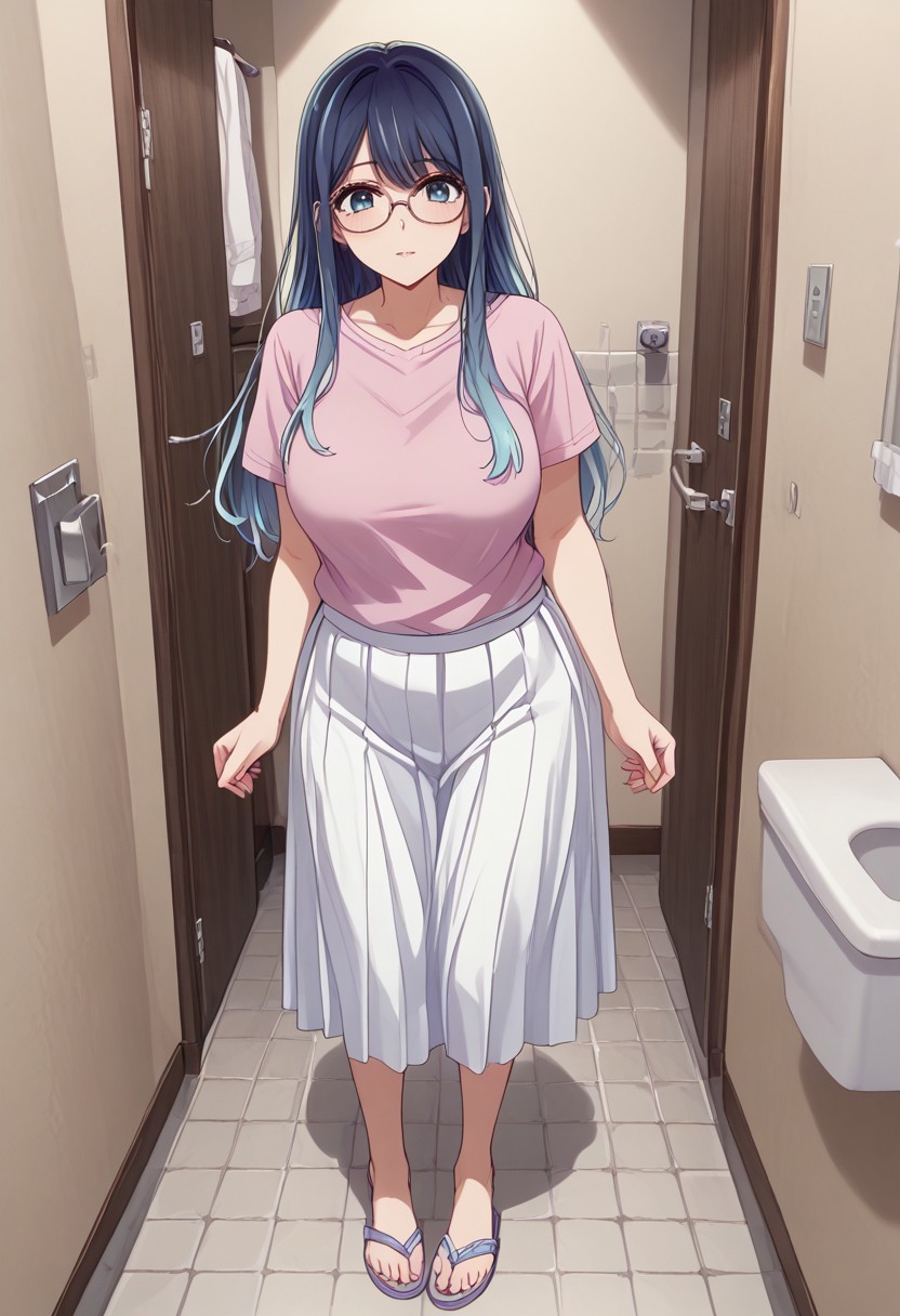 safe_pos, score_9, score_8_up, score_7_up, (masterpiece, detailed:1.2), (best quality:1.2), (High Resolution), (More Details), (8K), (High Resolution), female focus, sharp focus, newest, ultra-detailed, 1girl, solo, mature woman, milf, akane kurokawa, long hair, bangs, large breasts, blue eyes, high gradient eyes, black hair, blue hair, multicolored hair, gradient hair, Glasses, Megane, face, shirt, pink t-shirt, pleated skirt, white skirt, flip-flops, full body, various expressions, lying on the closet, toilet,