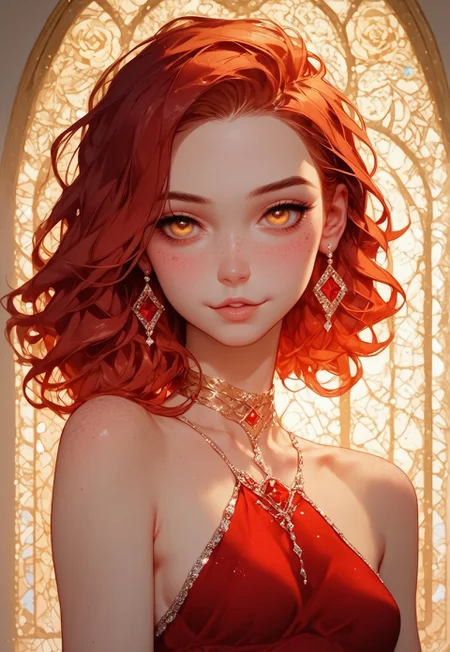 score_9, score_8_up, score_7_up, score_6_up, score_5_up, score_4_up, Expressiveh, g0th1c, human female, short, small, petite body, slender, small perky breasts, aesthetic face, shoulder length red hair, glowing amber eyes, round eyes, very small nose, big ears, small lips, small mouth, small head, freckles, round ears, ashen skin, cheeky smile, dedicated face, enthusiastic face, lopsided smile, beautiful, very revealing red dress, silk dress, deep cleavage, sitting on gold divan, background is luxurious brothel room, decorated background, artistic brackground, background dominant colour is red, white and gold, decorated window, alone, close up,