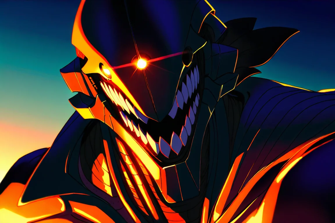 1man, solo, cyborg, dark body, one eye in center face, sharp teeth, open mouth,  dark coating, dynamic pose to viewer, wearing in hawaii t-shirt, close up, 
HDR, 8k, high contrast, masterpiece, best quality, amazing quality, very aesthetic, high resolution, ultra-detailed, absurdres, perfect lighting, volumetric lighting, dramatic shadows, cinematic lighting, (sharp image), safe, scenery, (perfect anatomy, perfect hand anatomy, perfect face anatomy, perfect eyes anatomy, perfect mouth anatomy), perfect lighting, (sharp image), perfect anatomy, Focus face, (sharp focus), anime black line, OneCybEye