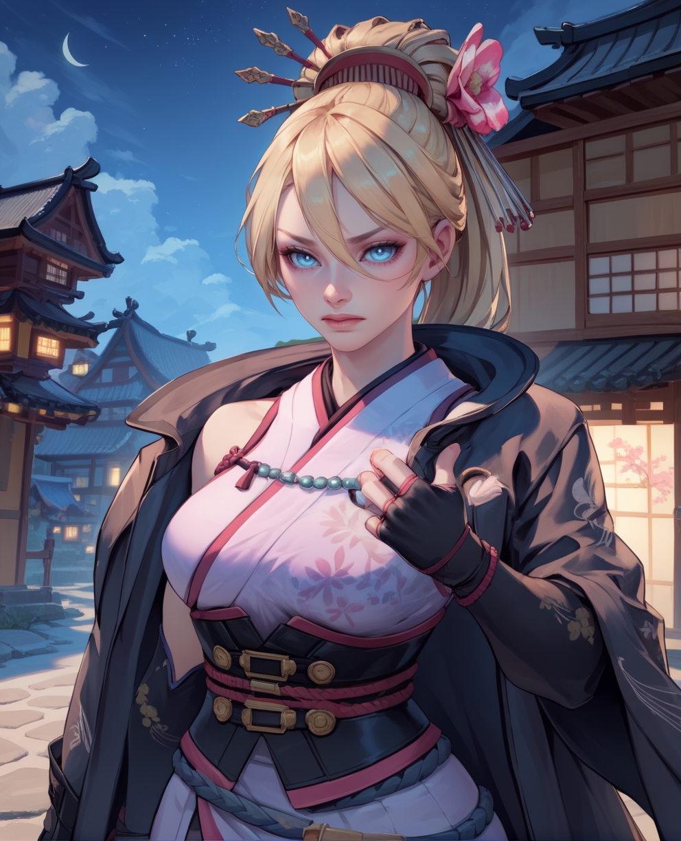 score_9,score_8_up,score_7_up,score_6_up,score_5_up,score_4_up,
setsukaxl,blonde hair,blue eyes,ponytail,hair ornament,black thighhighs,
black off-shoulder coat,pink kimono,fingerless gloves,
standing,upper body,
japanese village,night,
<lora:setsuka:0.8>,