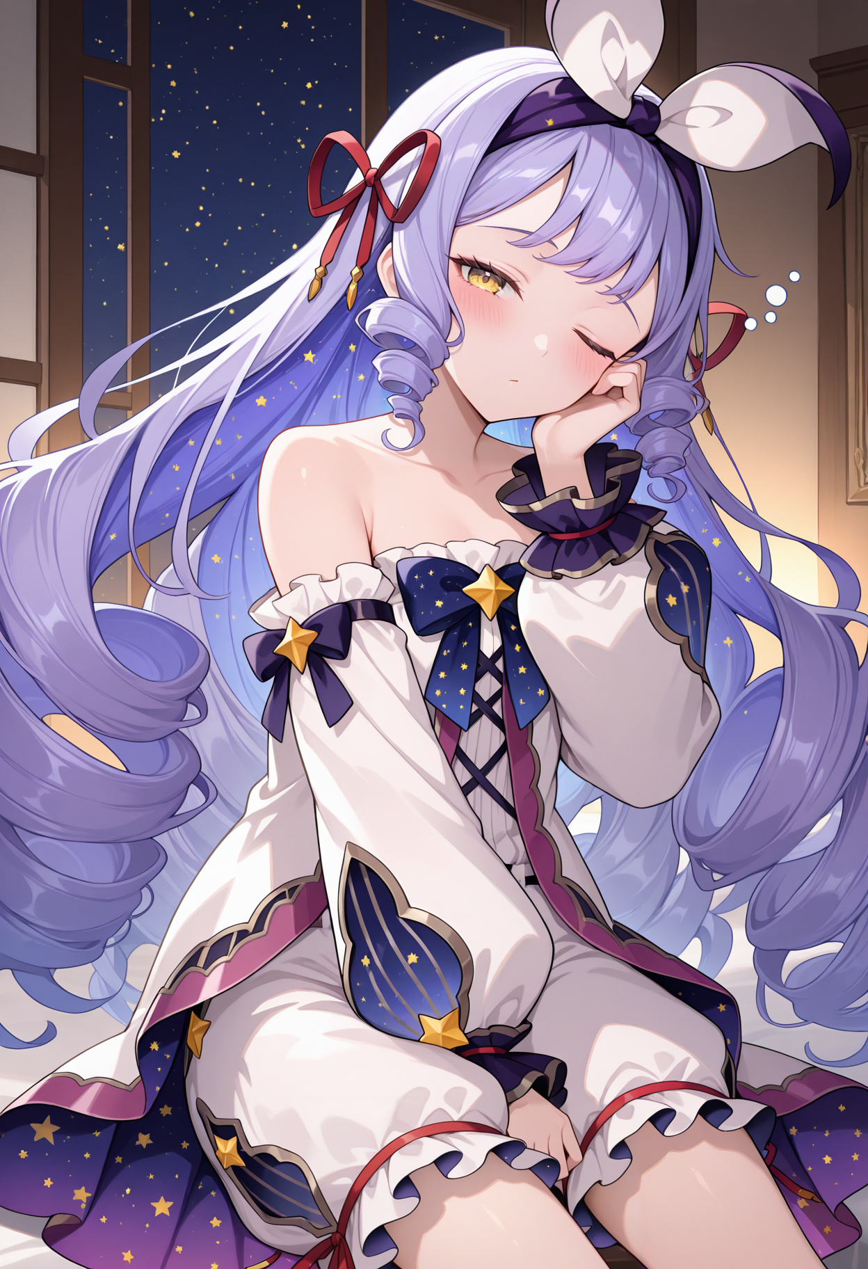 highres, best quality, masterpiece, bedroom, starry sky background, indoors,
1girl, solo, phoebegbf, indigo hair, very long hair, bangs, drill hair, hairband, hair ribbon, red ribbon, yellow eyes, 
white dress, blue bowtie, bare shoulders, long sleeves, cross-laced clothes, detached sleeves, frills, bloomers, star \(symbol\), starry sky print,
looking at viewer, blush,
sitting, hand on own face, sleepy, one eye closed, head tilt,
<lora:_phoebe_gbf-elesico-ilxl:1>