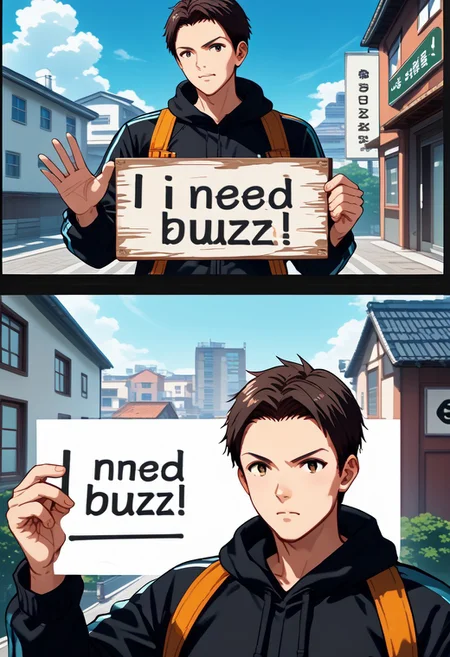 score_9, score_8_up, score_7_up, score_6_up, score_5_up, score_4_up, source_anime, solo, 1man,((4koma:2.0)), (rooftop), (multiple view:1.5), only man, shinji shingen, ("I need buzz!" sign:2.0)