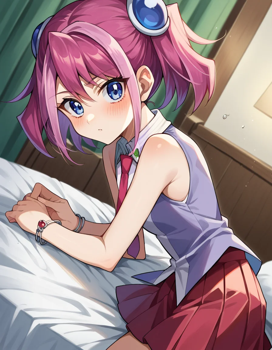 score_9, score_8_up, score_7_up, source_anime,
yuzuhiiragi, <lora:yuzu-hiiragi-ponyxl-lora-nochekaiser:1>,
yuzu hiiragi, blue eyes, hair ornament, medium hair, multicolored hair, pink hair, red hair, streaked hair, twintails,
bare arms, bracelet, collared shirt, jewelry, necktie, pleated skirt, red necktie, red skirt, shirt, skirt, sleeveless, sleeveless shirt, wing collar, two-tone shirt,
indoors, bed, bed room, on side, blush, drunk,
looking at viewer, cowboy shot, dutch angle,