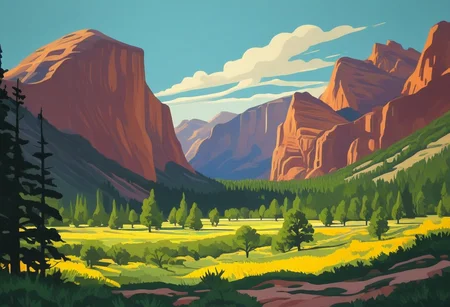 Silkscreen, ((WPA style)), (national parks style), vivid natural colors, limited color palette, painting,